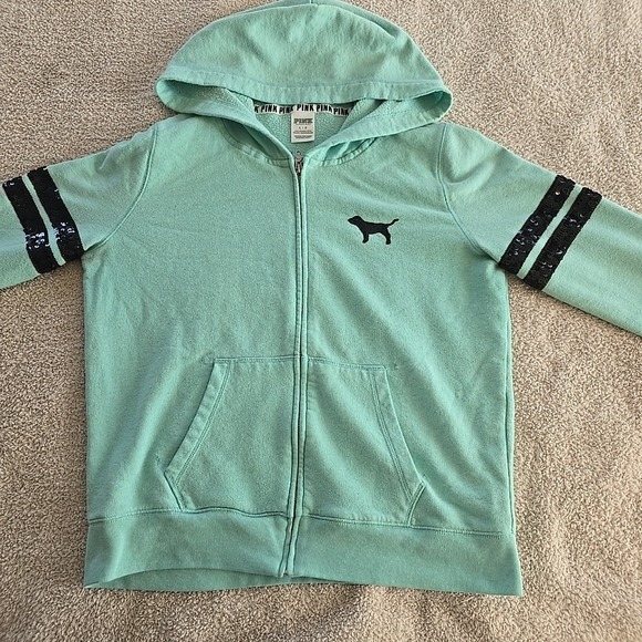 Victoria's Secret Pink Sequin Bling Perfect Zip Hoodie Aqua Sz L Y2K 90s Vibes - Picture 11 of 16